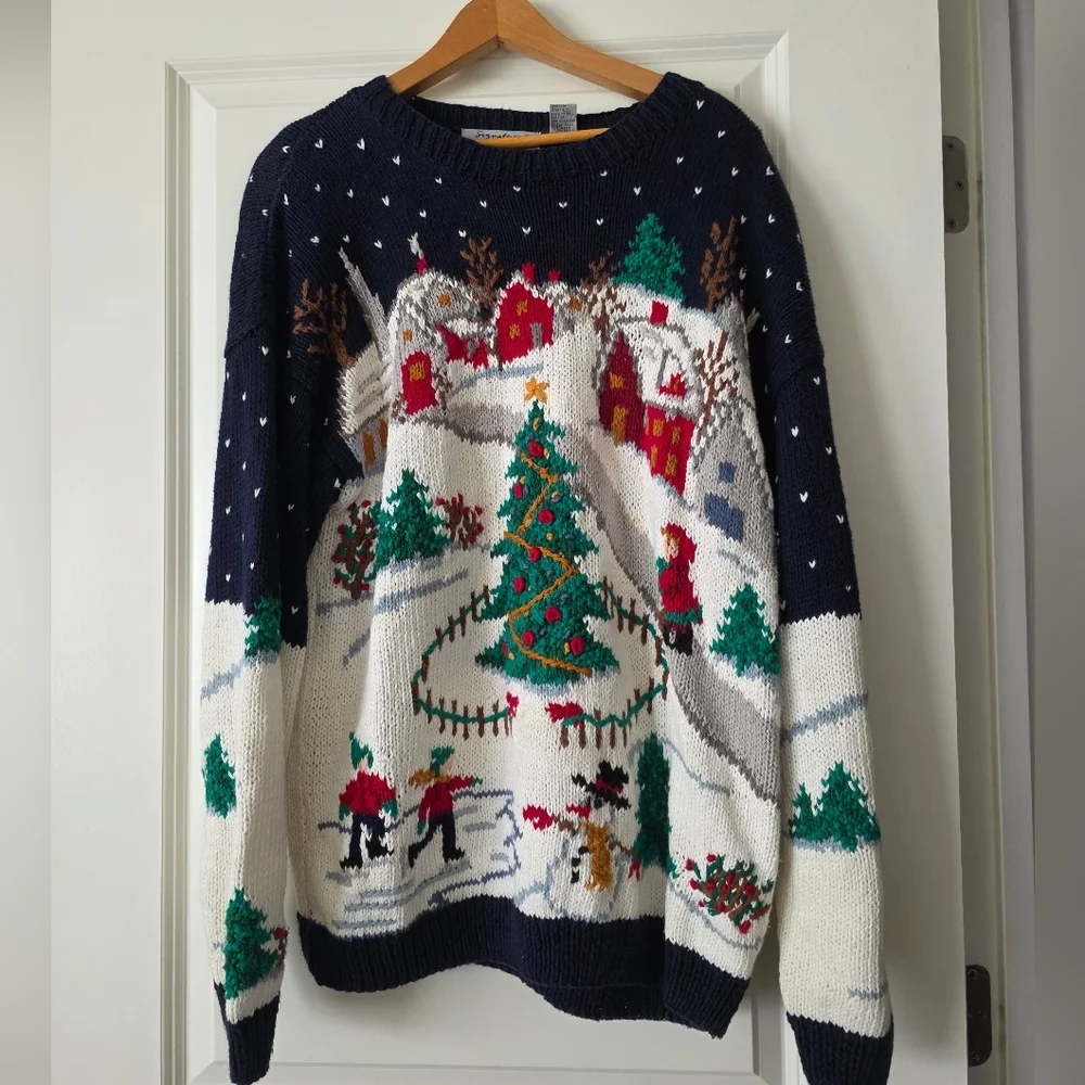 Vintage 90s Northern Isles Hand Knit Christmas Sweater Womens XL Ramie Cotton - Picture 2 of 14